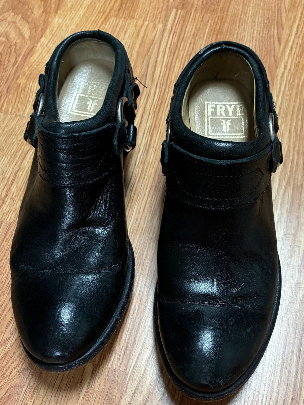 Frye Carson Belted Harness Leather Mules Clogs Black 7.5B